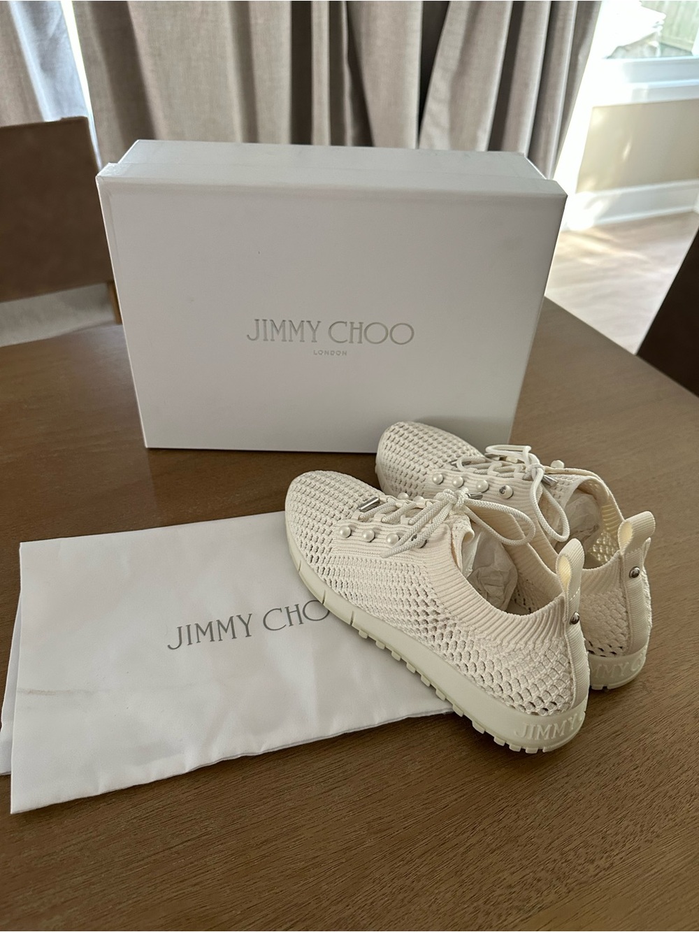 Jimmy Choo Veles Latte Crochet Knit Low-Top Trainers with Pearls (Size 36.5)